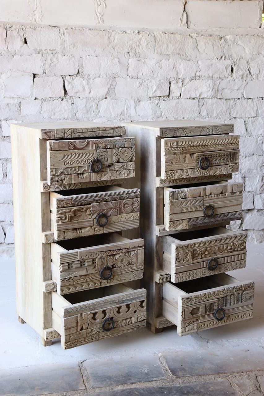 Vintage Earth Chest - 4 Drawer Storage Cabinet with Hand - Carved Panels - TesuCabinets & Storage