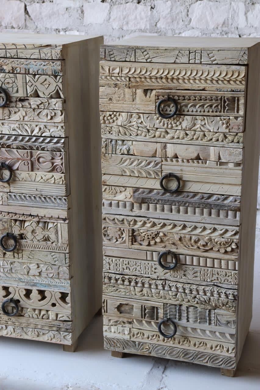 Vintage Earth Chest - 4 Drawer Storage Cabinet with Hand - Carved Panels - TesuCabinets & Storage