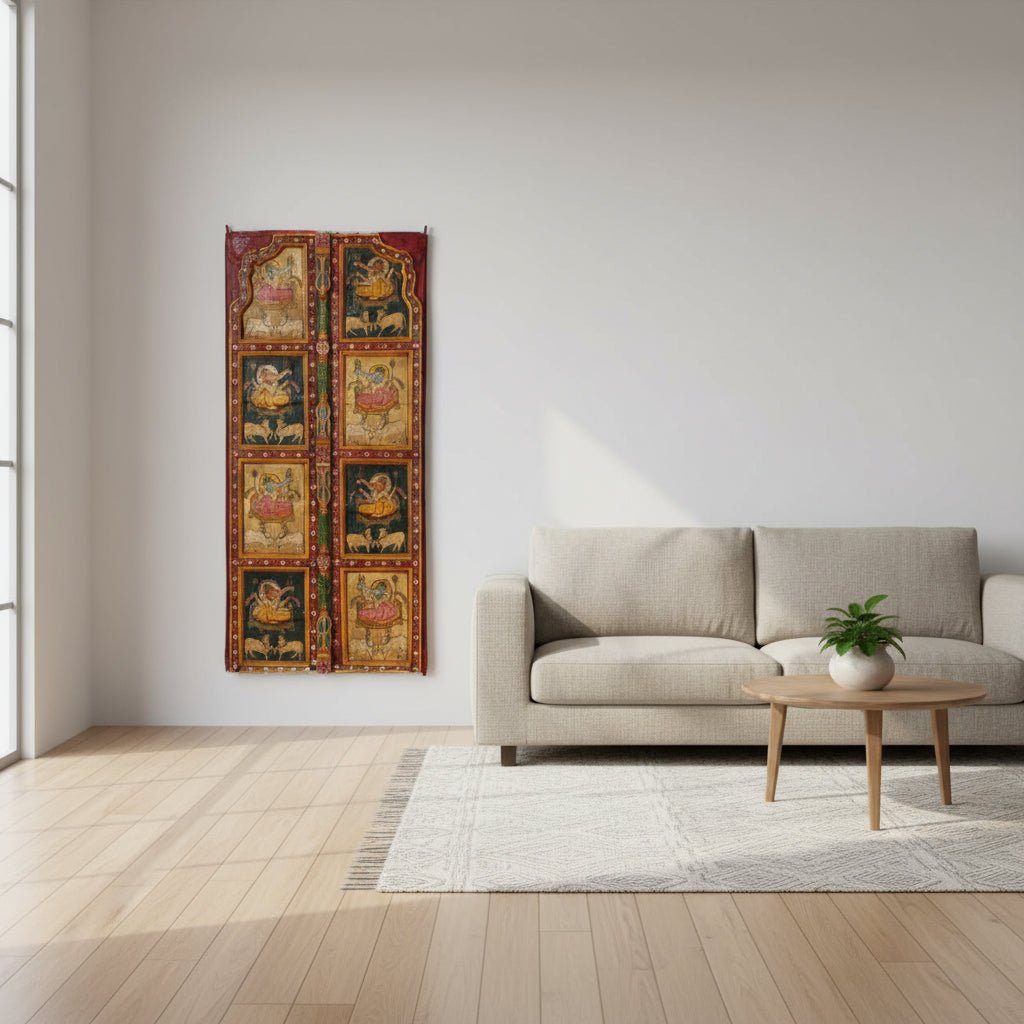 Living room with a beige sofa, wooden coffee table, and decorative wall art.
