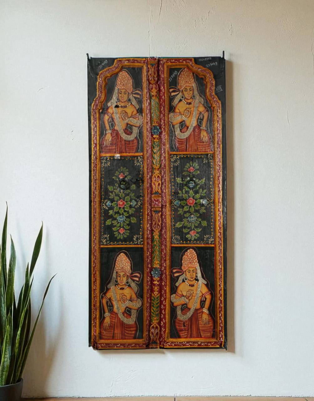 Vintage Hand - Painted Deity Door Panel - Antique Black Finish - TesuFurniture