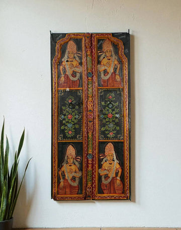 Vintage Hand - Painted Deity Door Panel - Antique Black Finish - TesuFurniture