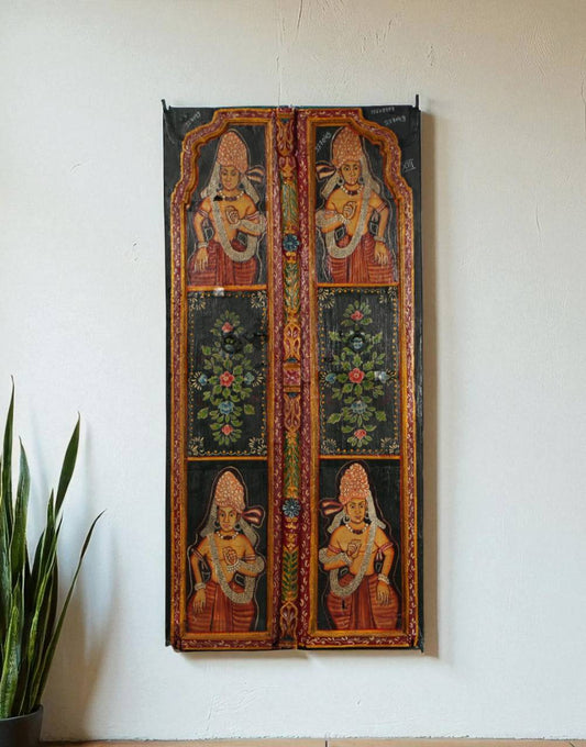 Vintage Hand - Painted Deity Door Panel - Antique Black Finish - TesuFurniture