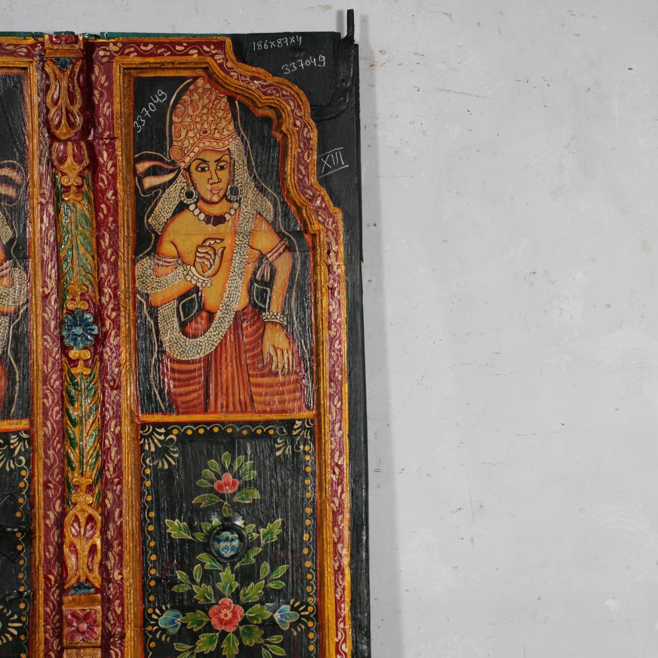 Vintage Hand - Painted Deity Door Panel - Antique Black Finish - TesuFurniture