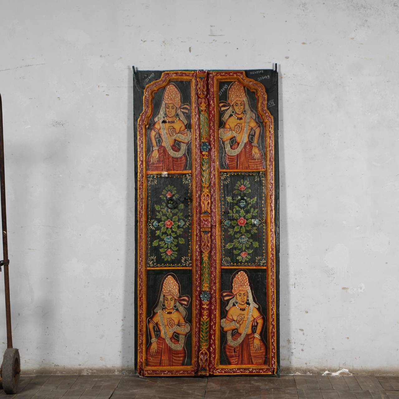 Vintage Hand - Painted Deity Door Panel - Antique Black Finish - TesuFurniture