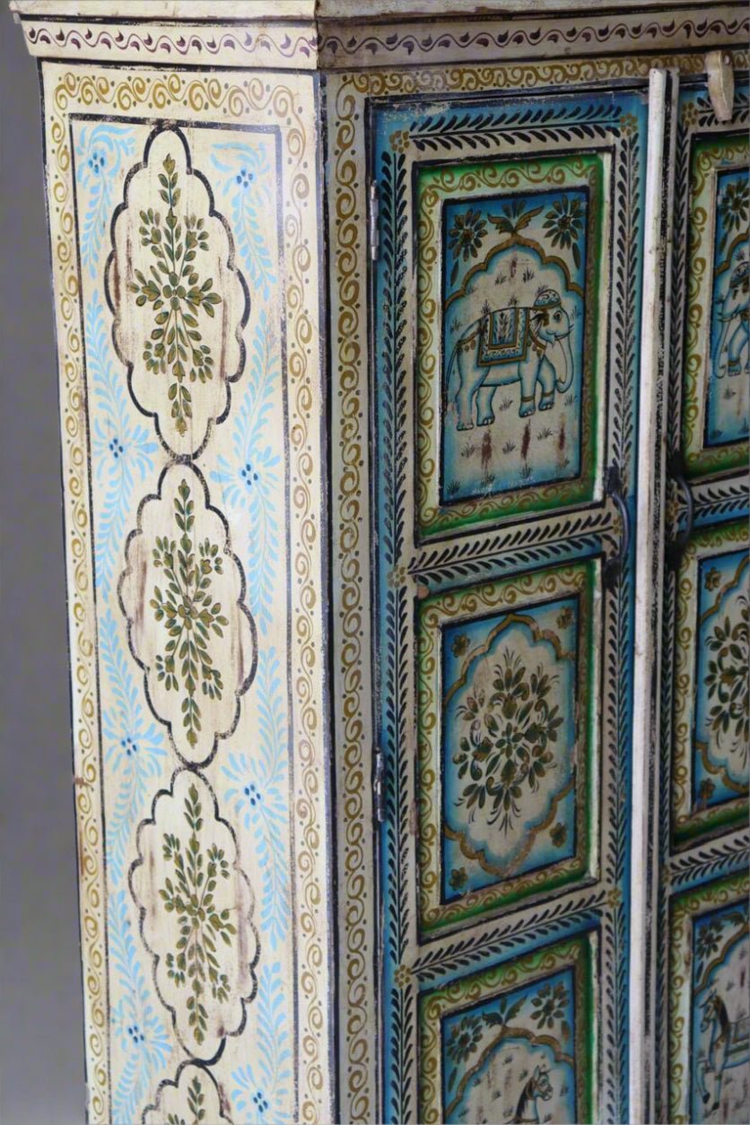 Vintage Hand - Painted Indian Wooden Cabinet with Elephant Design - TesuCabinets & Storage