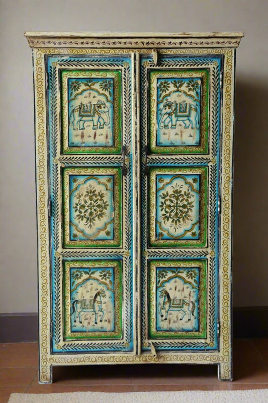 Vintage Hand - Painted Indian Wooden Cabinet with Elephant Design - TesuCabinets & Storage