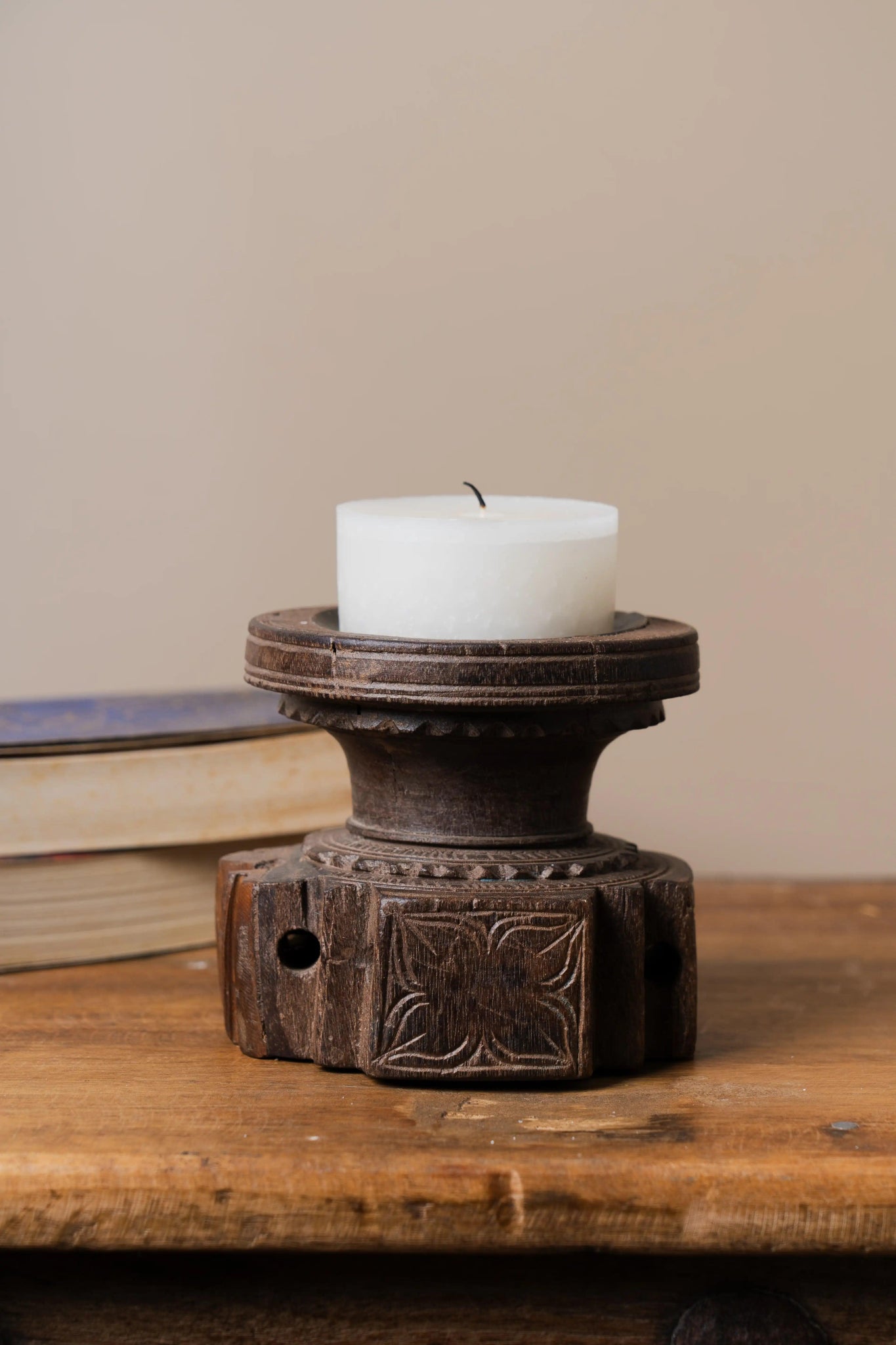Vintage Handcarved Wooden Candle Holder - Design 3 - TesuCandles & Candle Holders