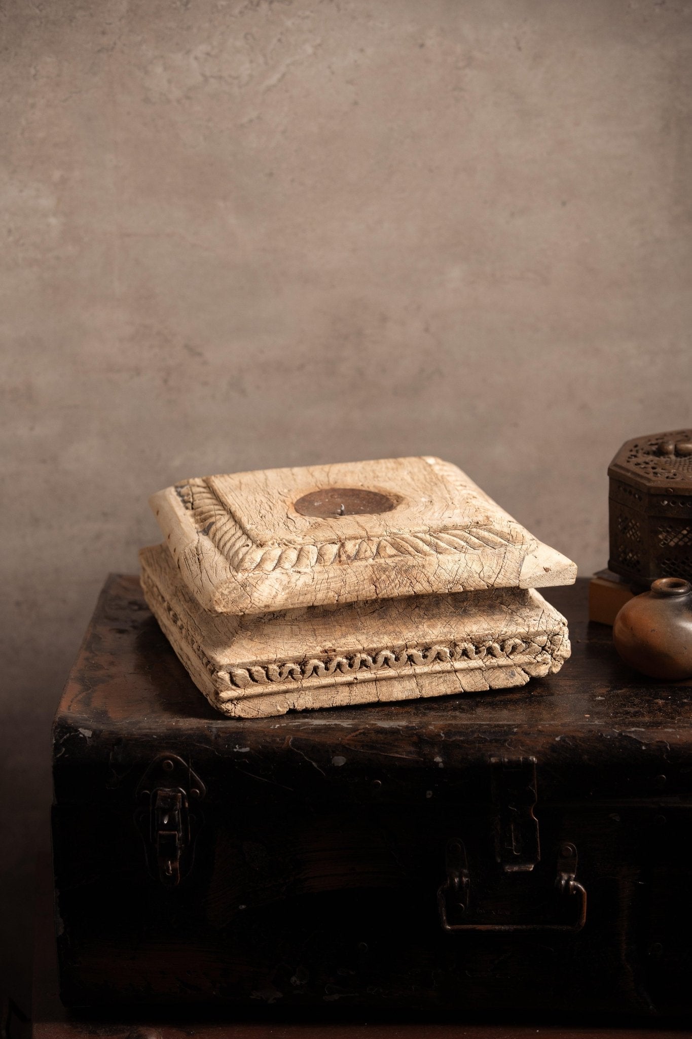 Vintage Handcarved Wooden Candle Stand - Square - TesuCandles & Candle Holders