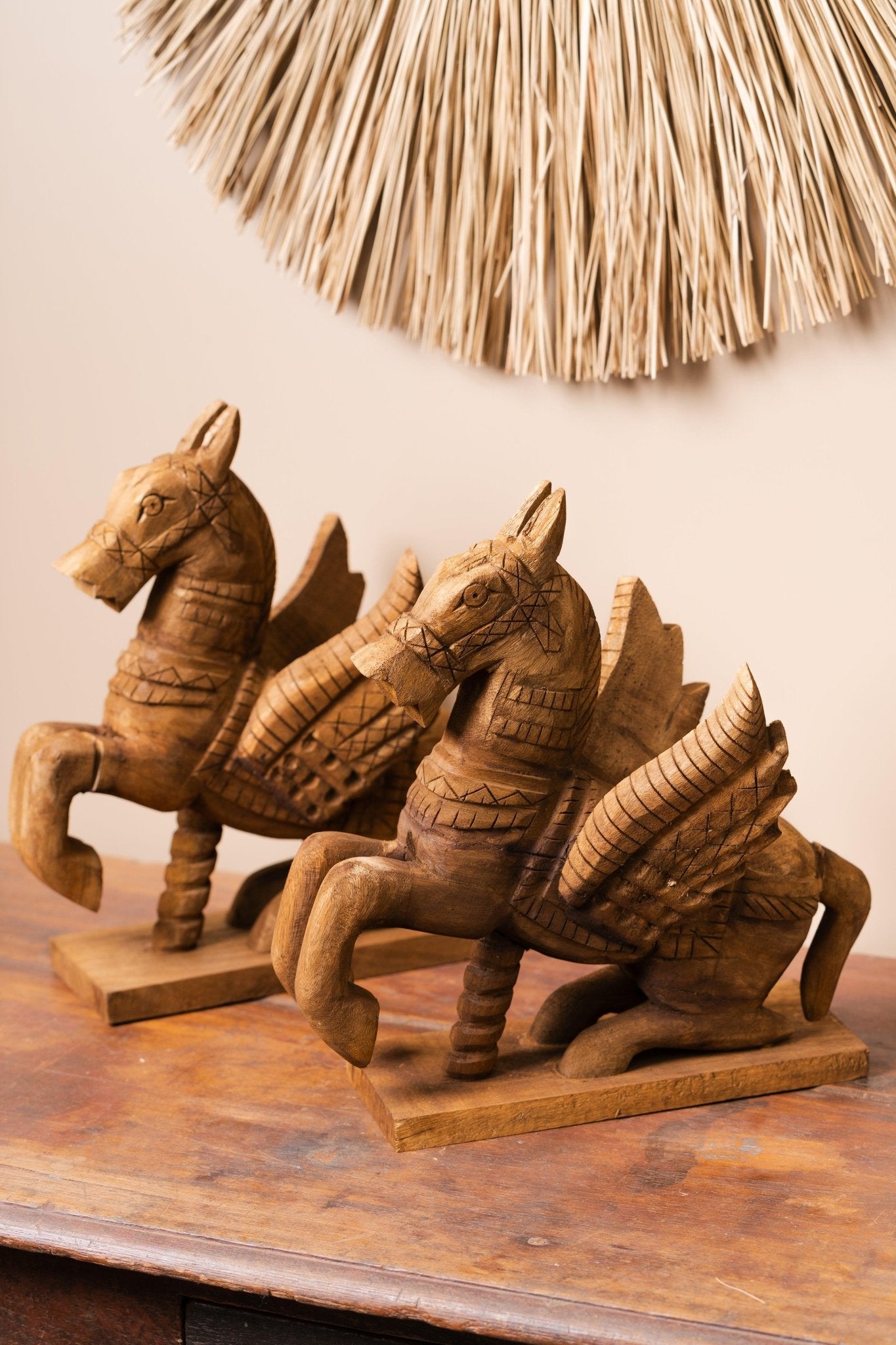 Vintage Handcarved Wooden Horse with Feathers - Single Unit - TesuWooden Horse