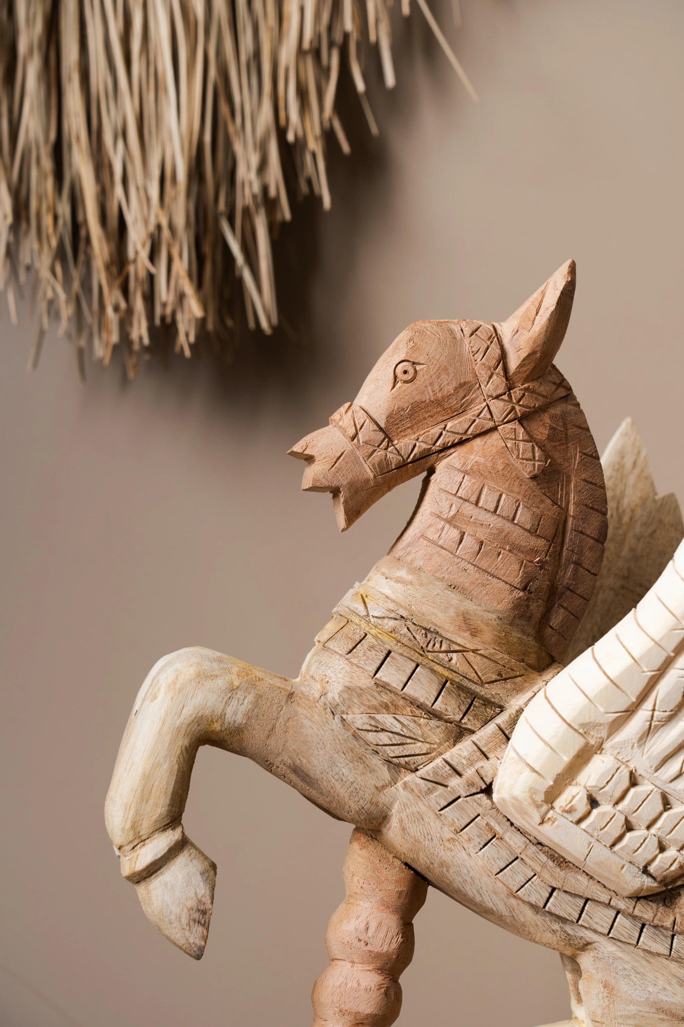 Vintage Handcarved Wooden Horse with Feathers - Single Unit - TesuWooden Horse