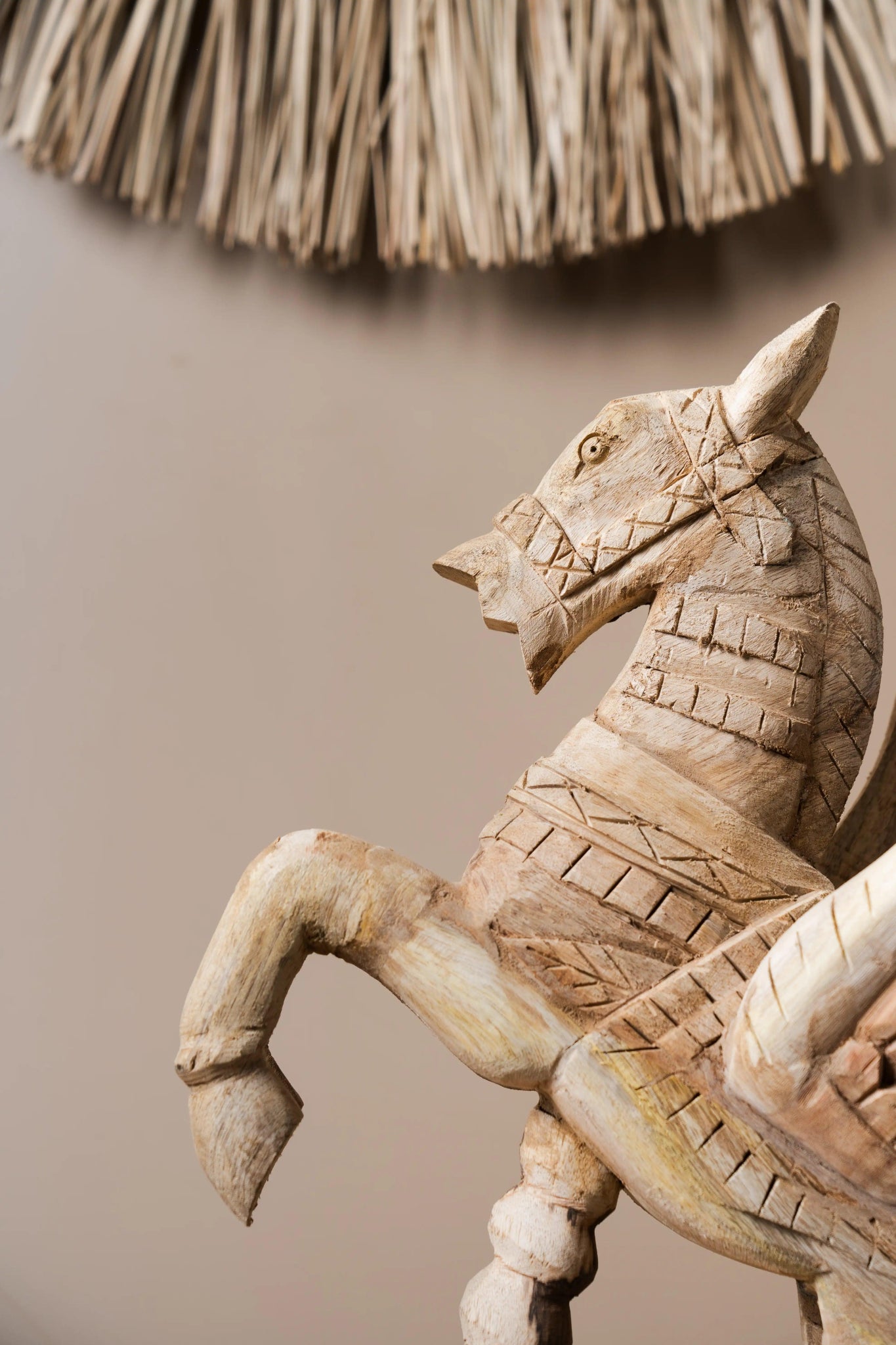 Vintage Handcarved Wooden Horse with Feathers - Single Unit - TesuWooden Horse