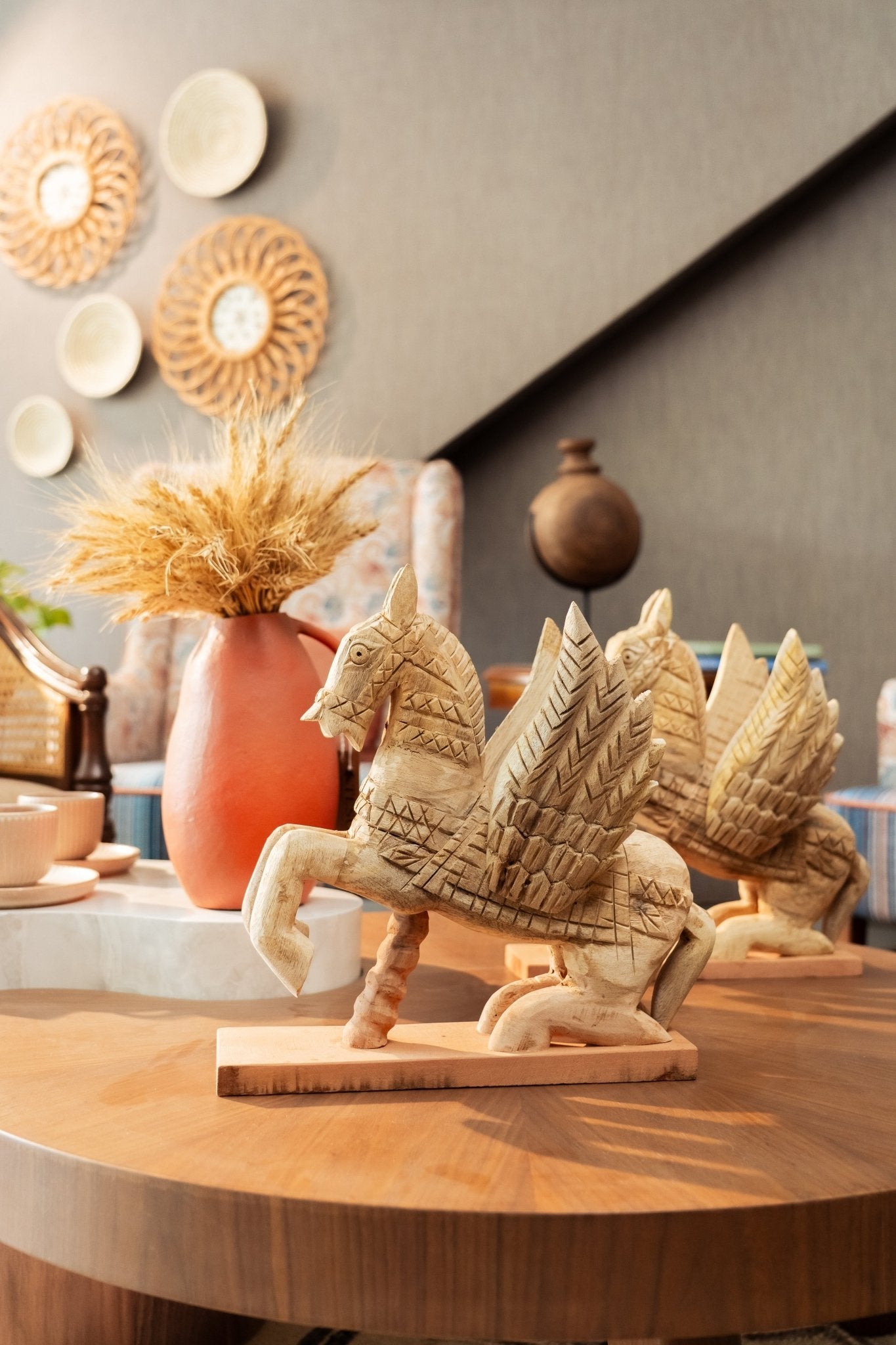 Vintage Handcarved Wooden Horse with Feathers - Single Unit - TesuWooden Horse