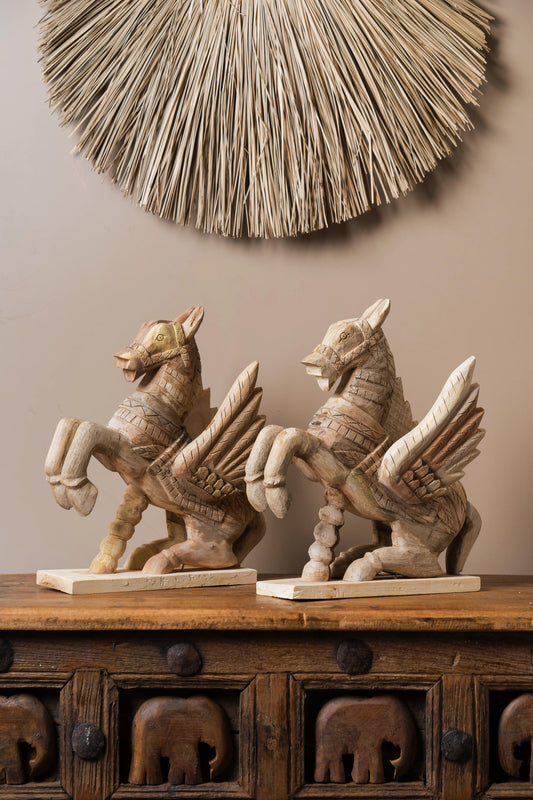 Vintage Handcarved Wooden Horse with Feathers - Single Unit - TesuWooden Horse
