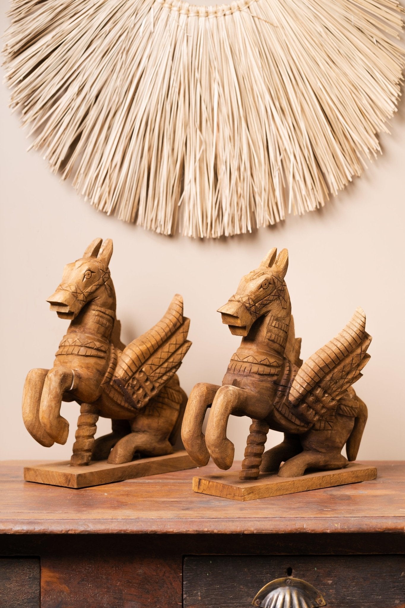 Vintage Handcarved Wooden Horse with Feathers - Single Unit - TesuWooden Horse