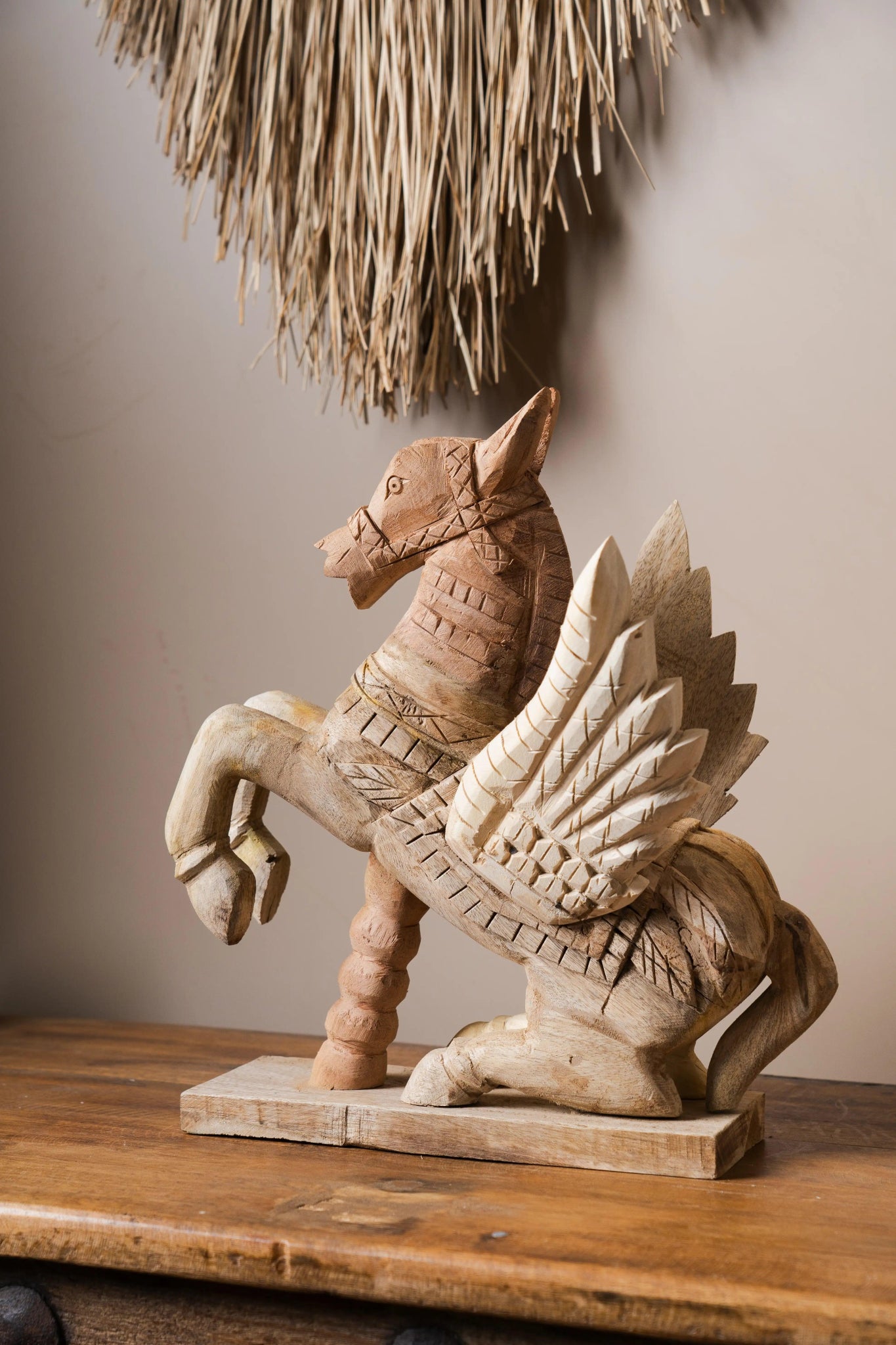 Vintage Handcarved Wooden Horse with Feathers - Single Unit - TesuWooden Horse