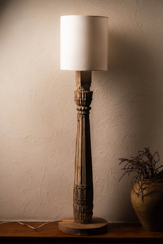 Handcrafted vintage pillar wood lamp featuring a timeless carved silhouette, warm rustic wood finish, and classic artisan charm perfect for cozy and elegant interior décor.