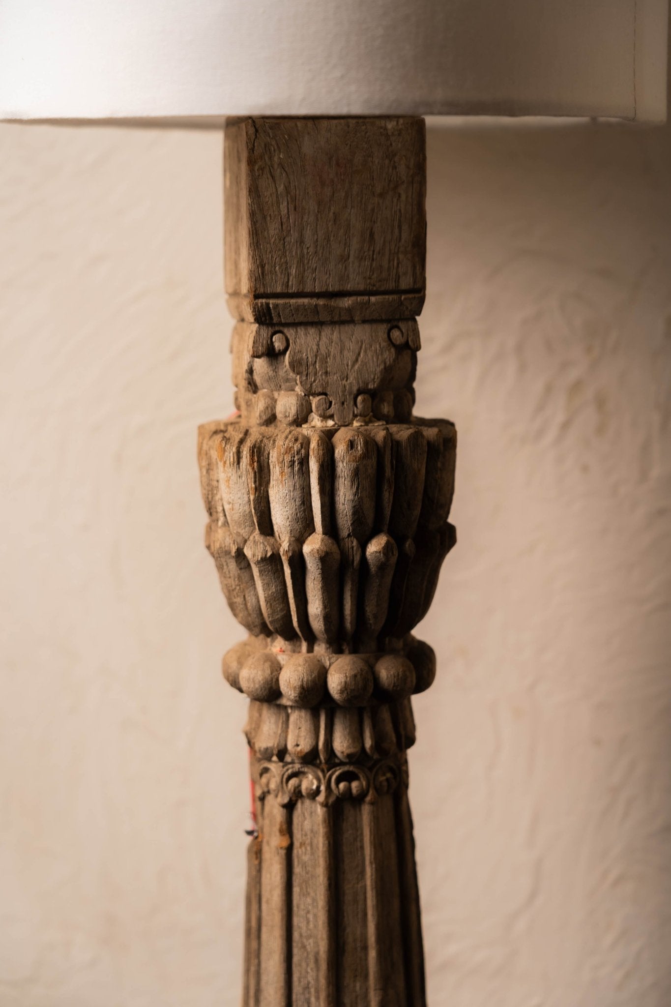 Handcrafted vintage pillar wood lamp featuring a timeless carved silhouette, warm rustic wood finish, and classic artisan charm perfect for cozy and elegant interior décor.