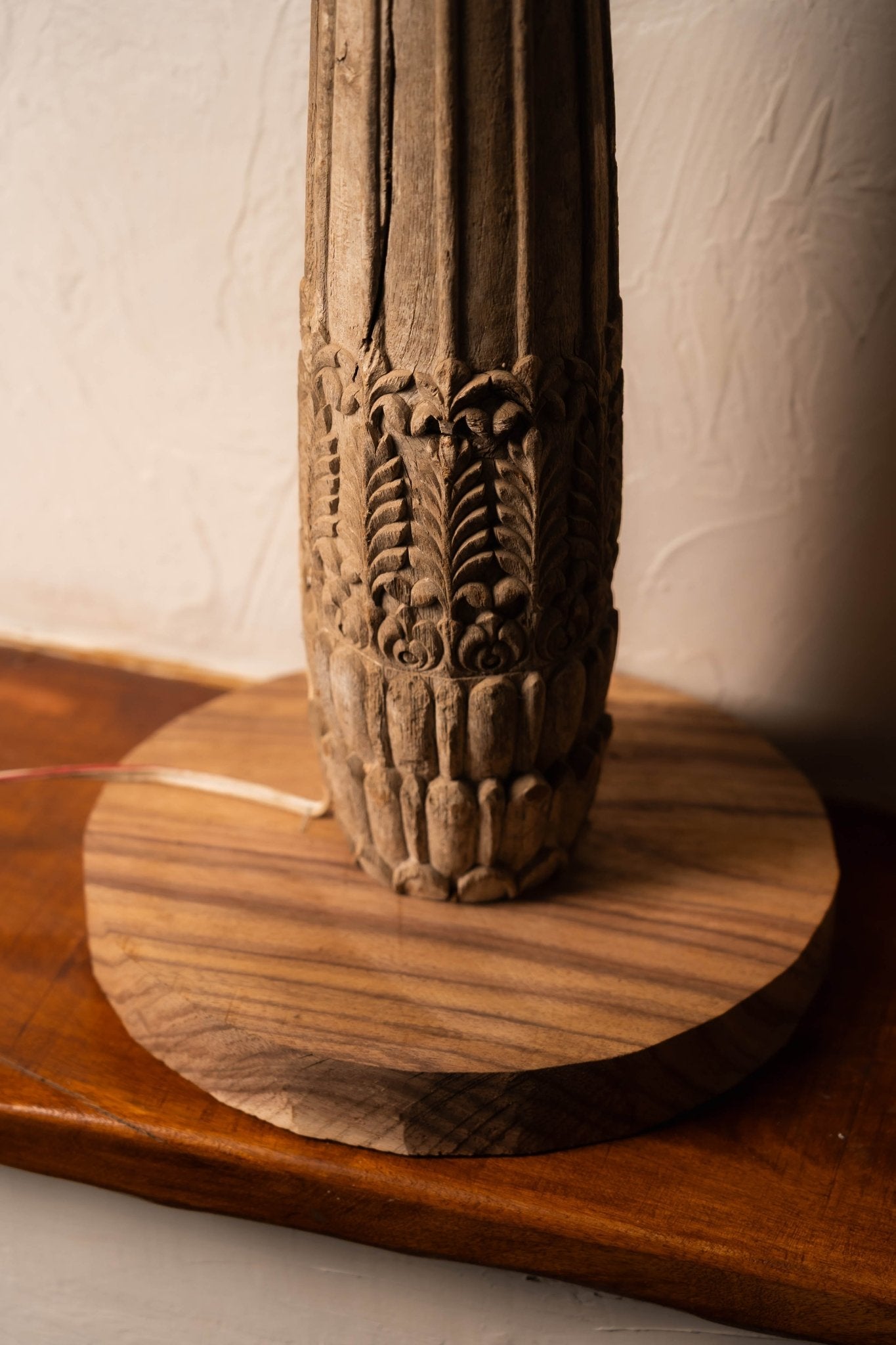 Handcrafted vintage pillar wood lamp featuring a timeless carved silhouette, warm rustic wood finish, and classic artisan charm perfect for cozy and elegant interior décor.