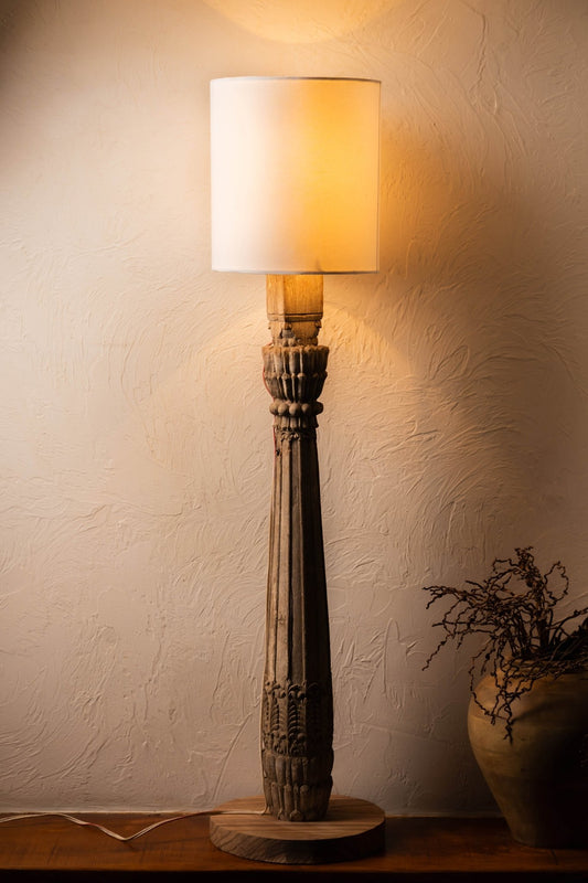 Handcrafted vintage pillar wood lamp featuring a timeless carved silhouette, warm rustic wood finish, and classic artisan charm perfect for cozy and elegant interior décor.
