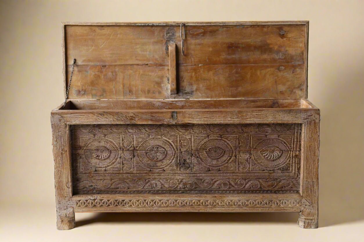 Vintage Reclaimed Wood Storage Coffee Table with Hand - Carved Details - TesuCabinets & Storage