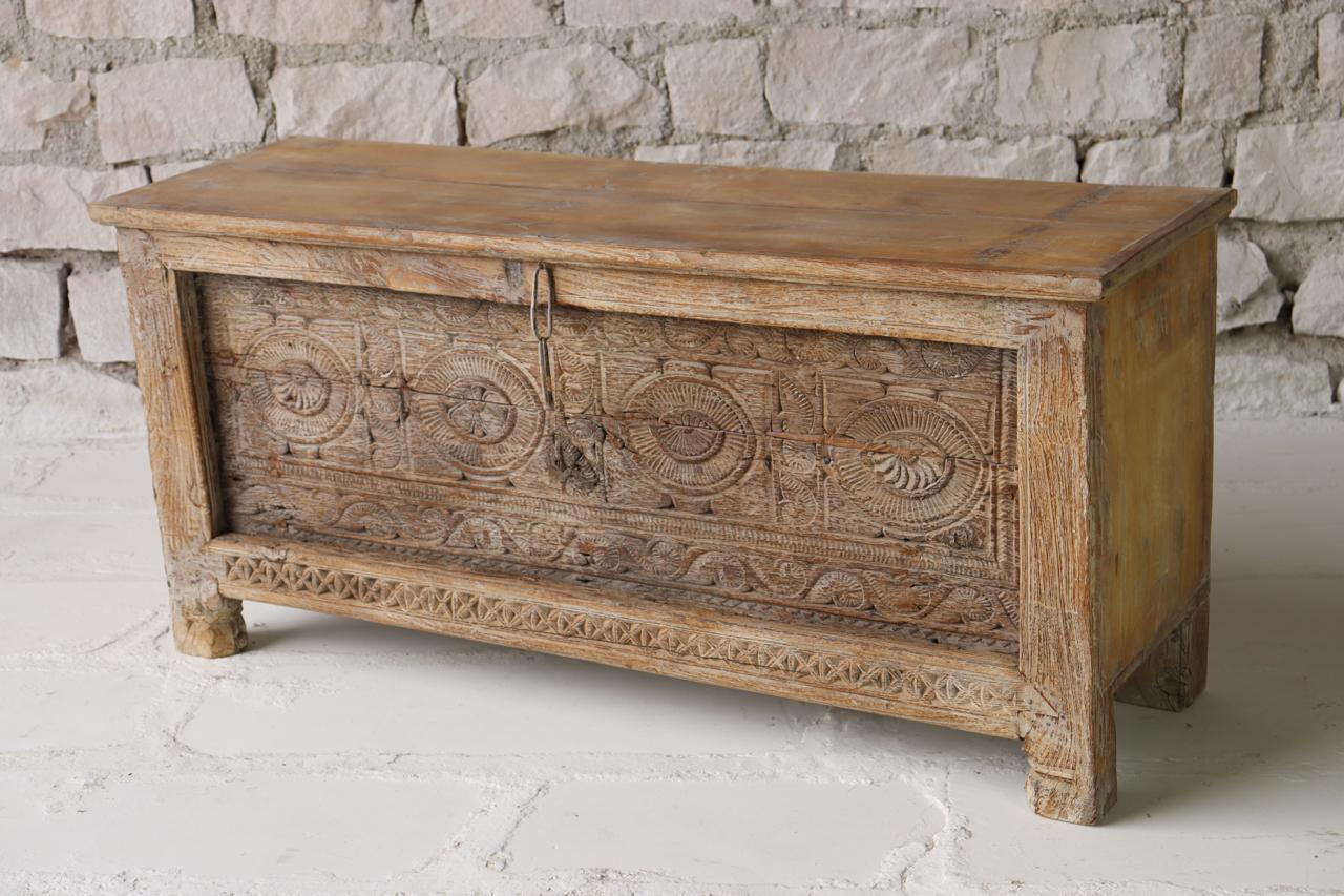 Vintage Reclaimed Wood Storage Coffee Table with Hand - Carved Details - TesuCabinets & Storage