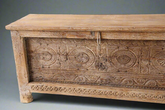 Vintage Reclaimed Wood Storage Coffee Table with Hand - Carved Details - TesuCabinets & Storage