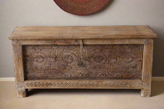 Vintage Reclaimed Wood Storage Coffee Table with Hand - Carved Details - TesuCabinets & Storage