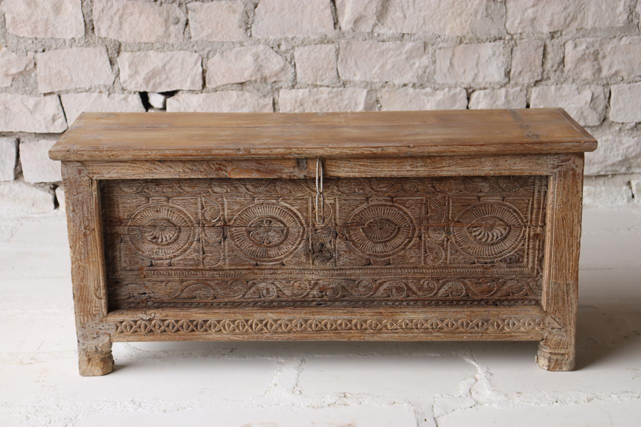 Vintage Reclaimed Wood Storage Coffee Table with Hand - Carved Details - TesuCabinets & Storage