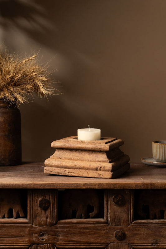 Vintage Wooden Pillar Candle Holder - Design 3 - TesuCandles & Candle Holders