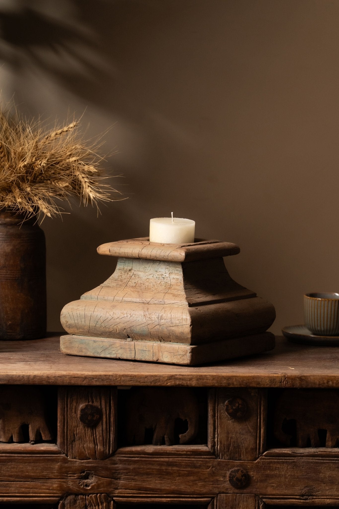 Vintage Wooden Pillar Candle Holder - Design 4 - TesuCandles & Candle Holders