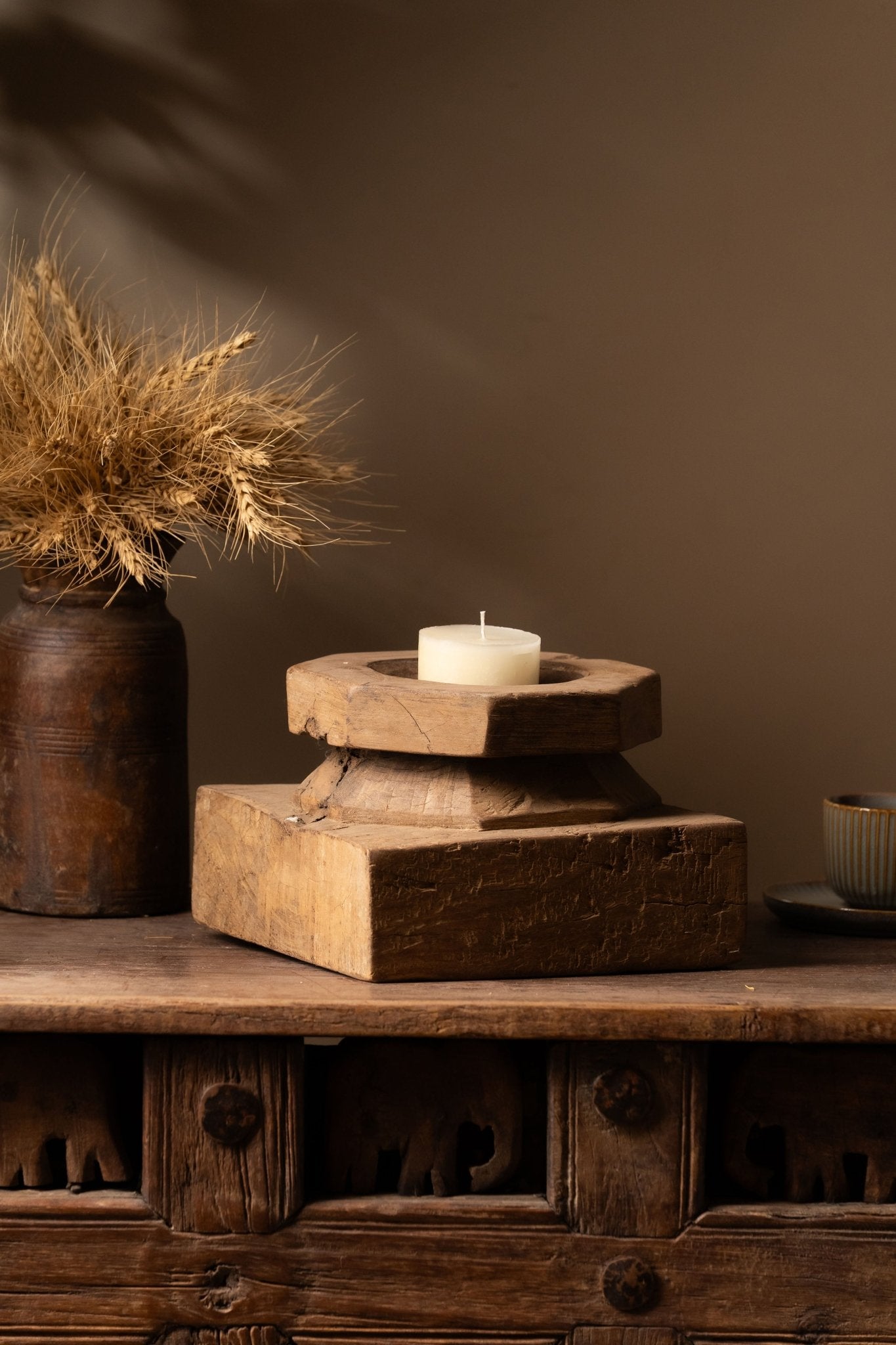 Vintage Wooden Pillar Candle Holder - Handcrafted Reclaimed Wood Design - TesuCandles & Candle Holders