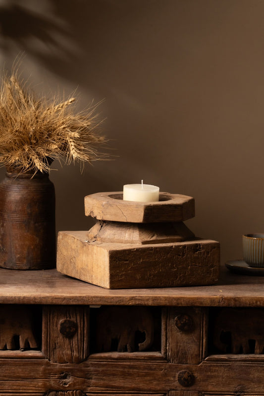 Vintage Wooden Pillar Candle Holder - Handcrafted Reclaimed Wood Design - TesuCandles & Candle Holders