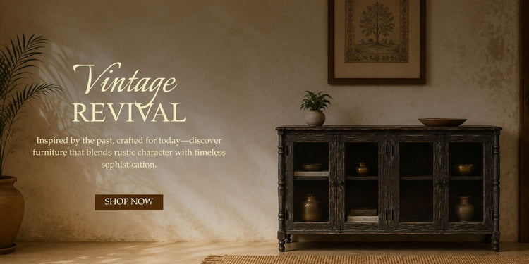 A dark rustic wooden cabinet with glass-front doors displayed in a warm, vintage-style room. 