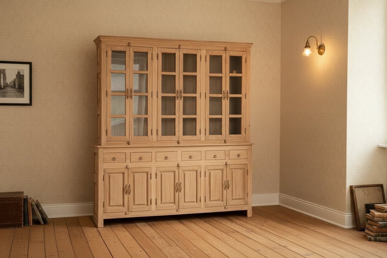 Large wooden cabinet with glass doors and drawers