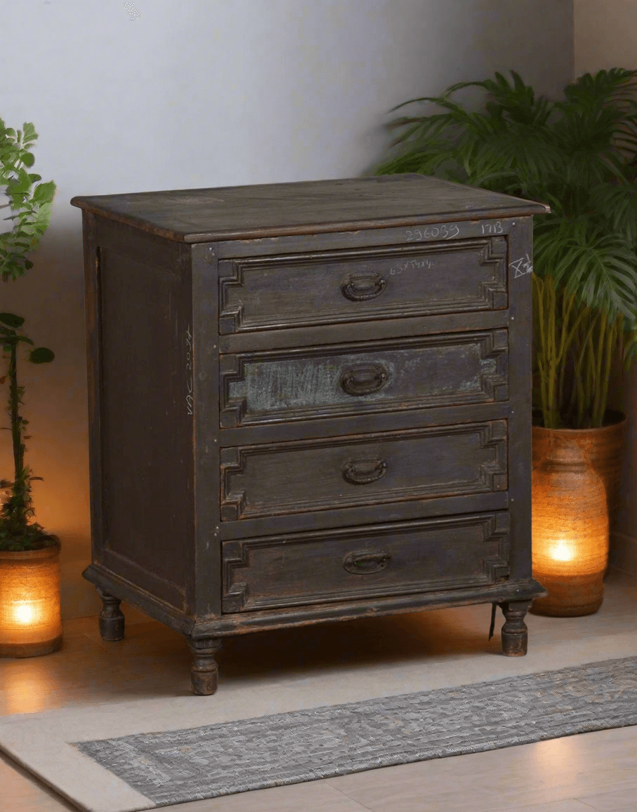 Vintage-style wooden dresser with three drawers.