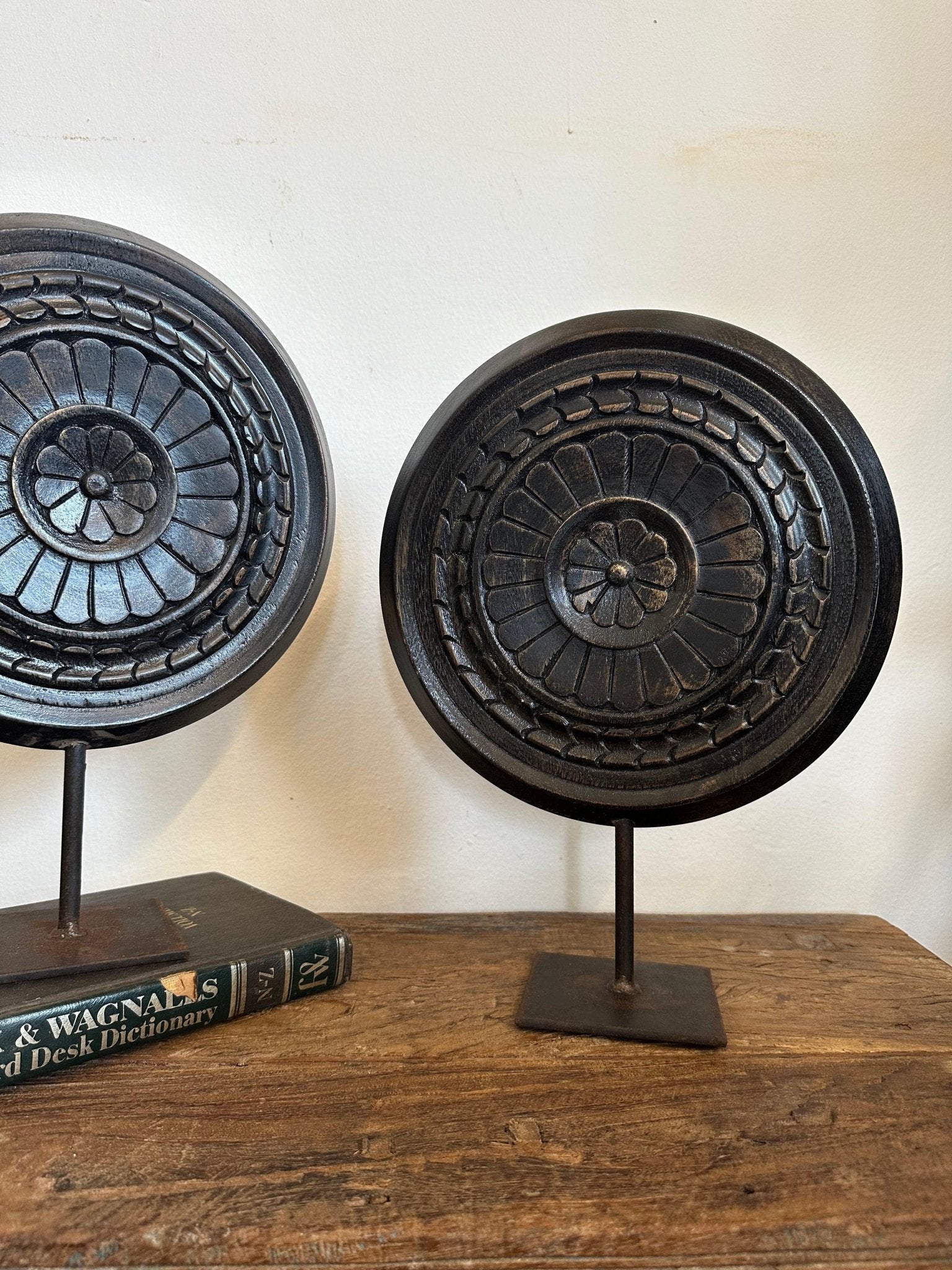 Wooden Carved Wheel on Iron Stand - TesuHome Decor