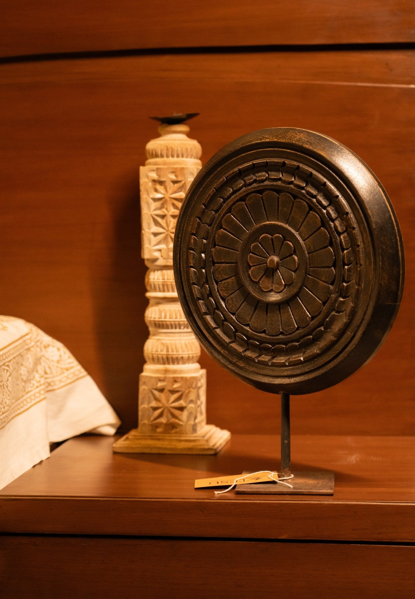 Wooden Carved Wheel on Iron Stand - TesuHome Decor