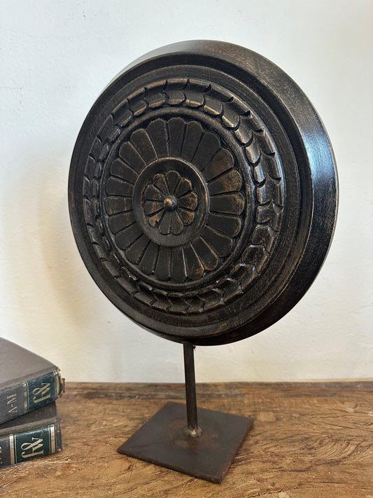 Wooden Carved Wheel on Iron Stand - TesuHome Decor