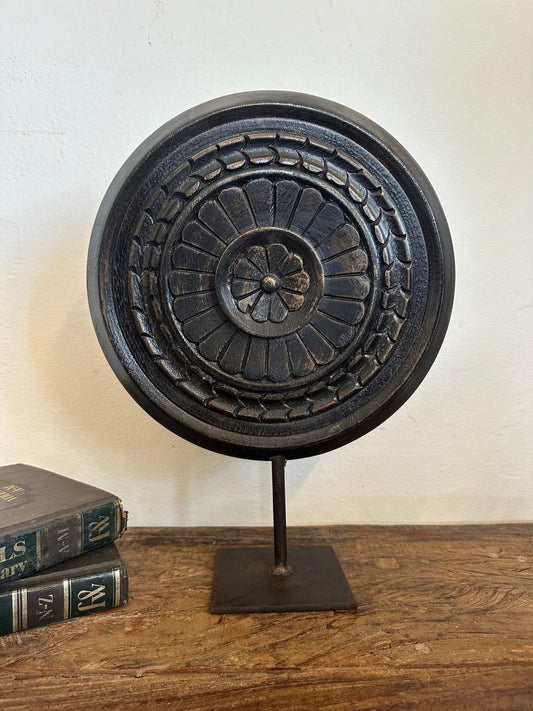 Wooden Carved Wheel on Iron Stand - TesuHome Decor