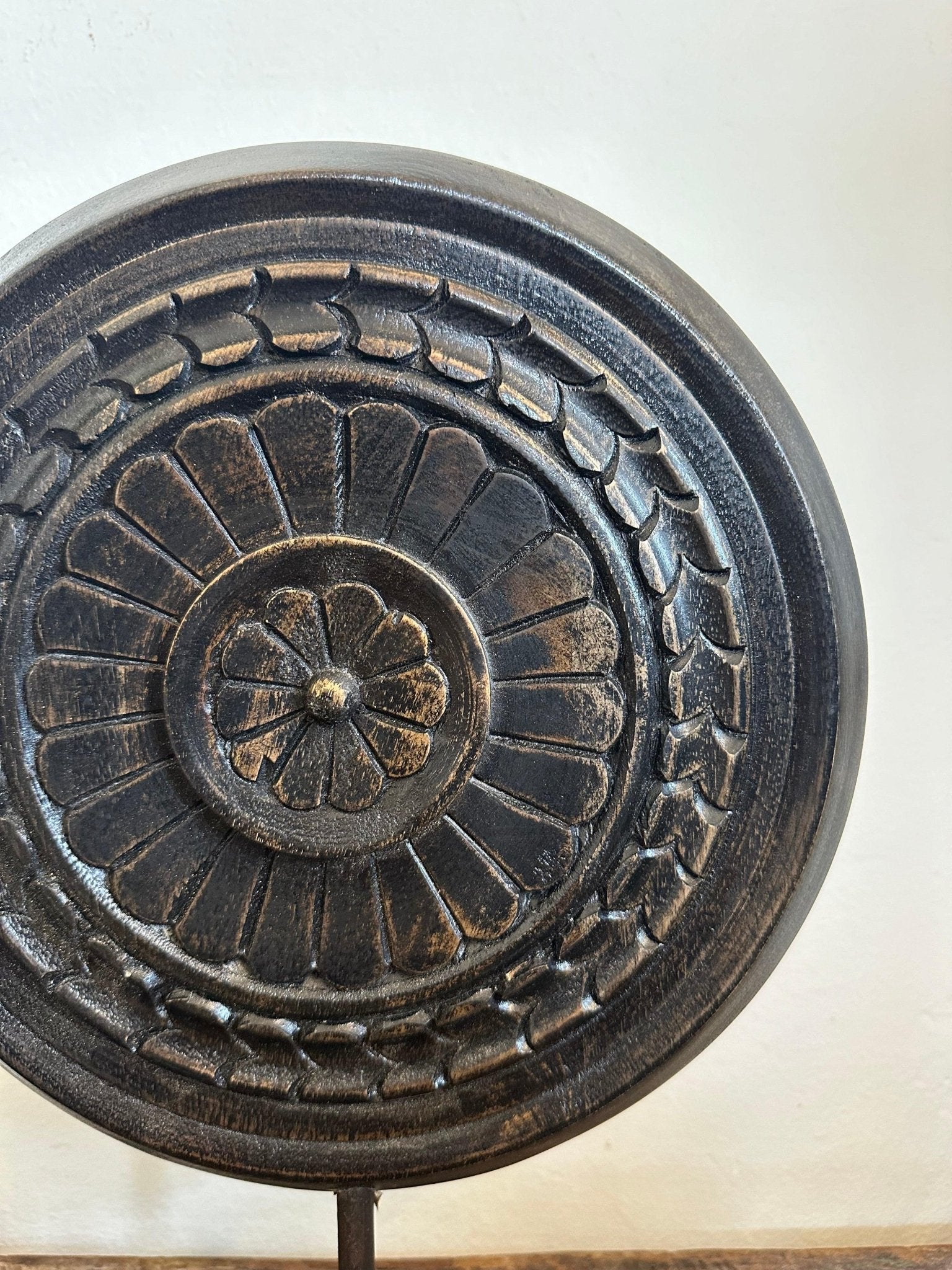 Wooden Carved Wheel on Iron Stand - TesuHome Decor