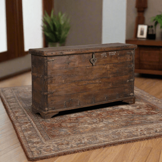 Antique-style wooden console box with carved exterior and iron latch hardware – Tesu Furniture & Seating