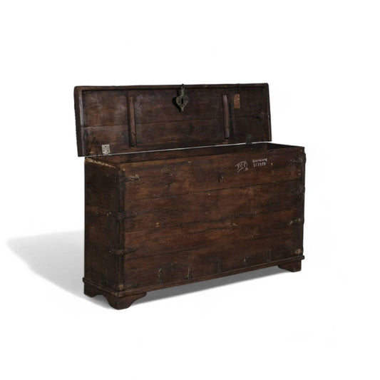 Front view of wooden console box showing carved lid and distressed vintage finish – Tesu Furniture & Seating