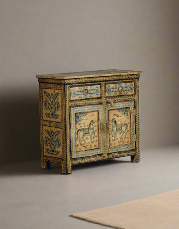 Decorative cabinet with horse illustrations on a plain background