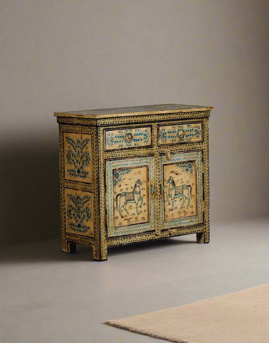 Hand-painted wooden cabinet with folk art horse illustrations on door panels – Tesu Furniture & Seating
