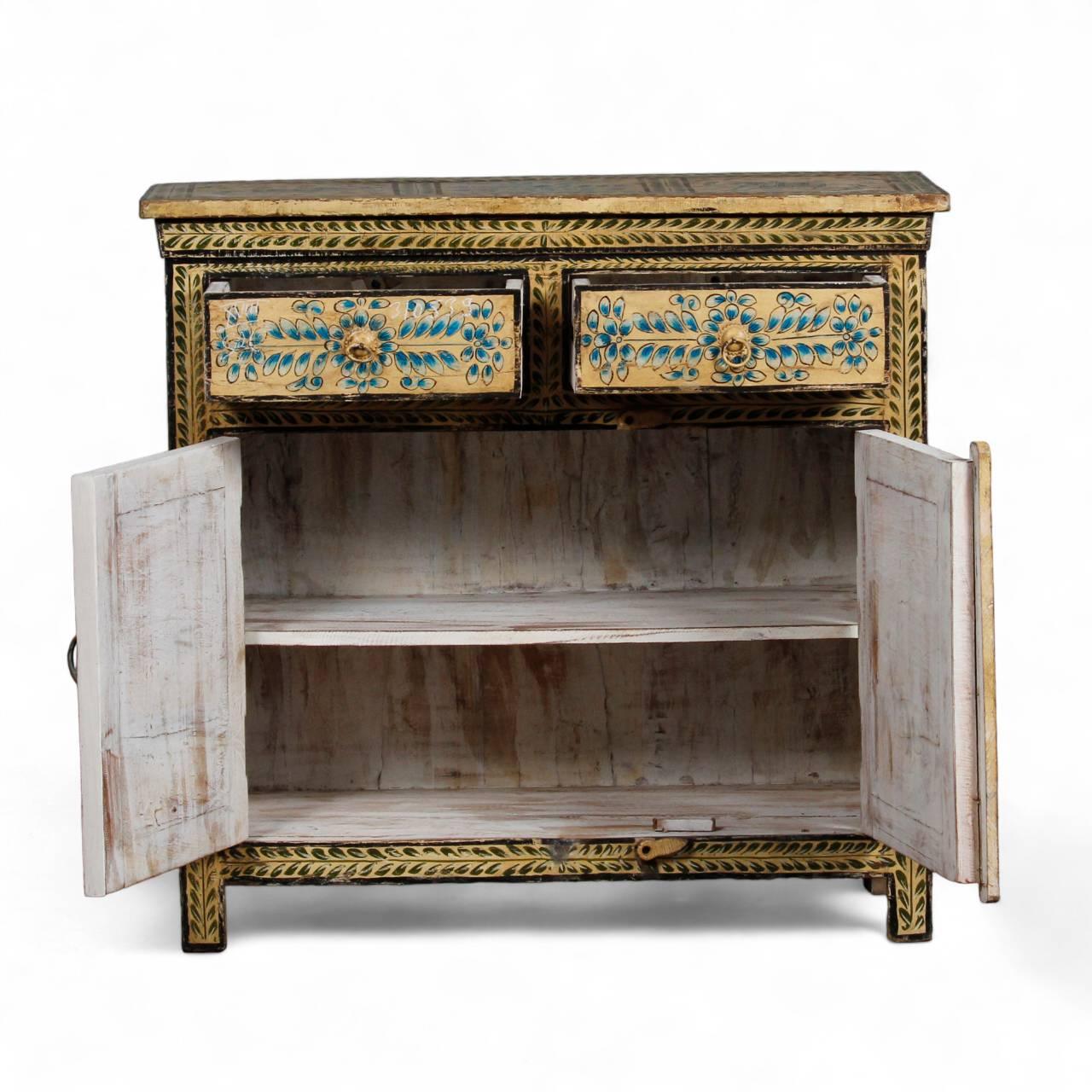 Decorative wooden cabinet with gold accents and open doors on a white background