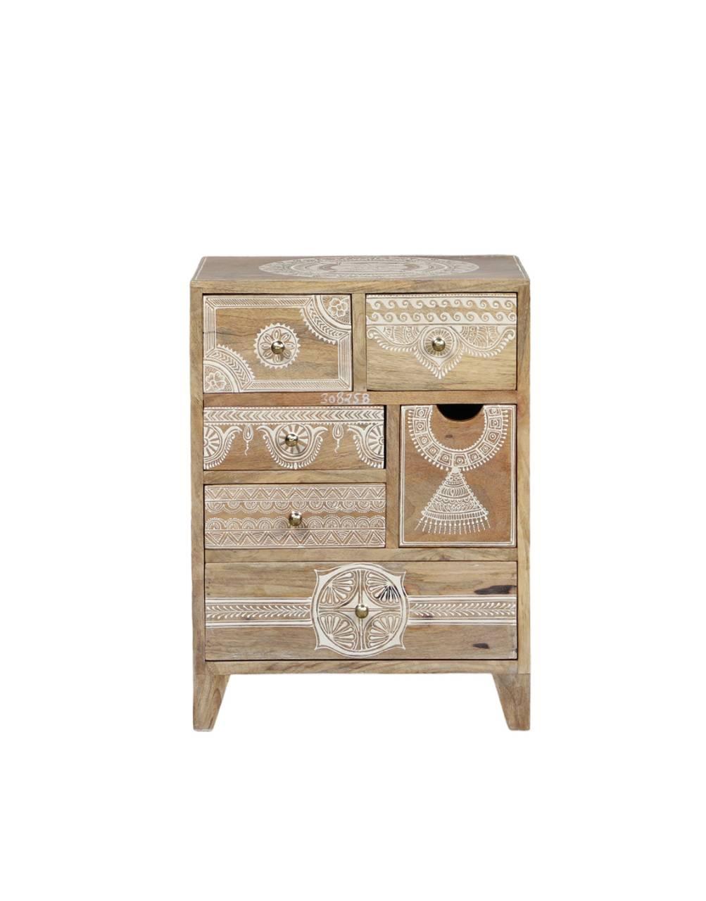 Wooden dresser with decorative patterns on a white background