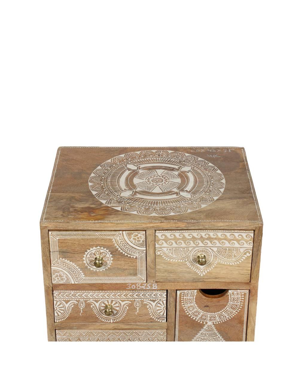 Wooden jewelry box with mandala designs on a white background