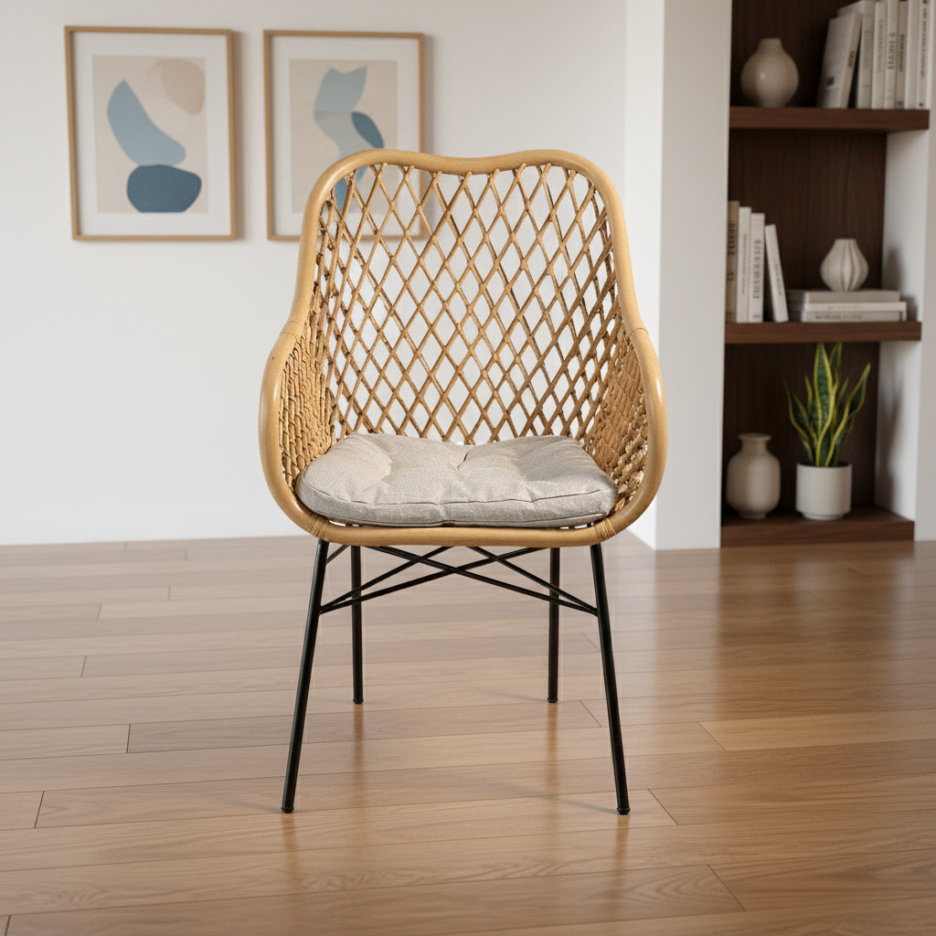 Wicker chair with a cushion on a wooden floor in a room with a bookshelf and framed pictures.