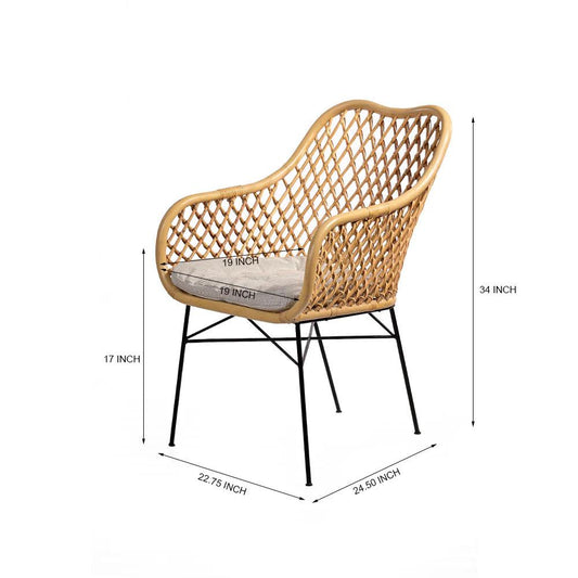 Woven chair with dimensions labeled on a white background