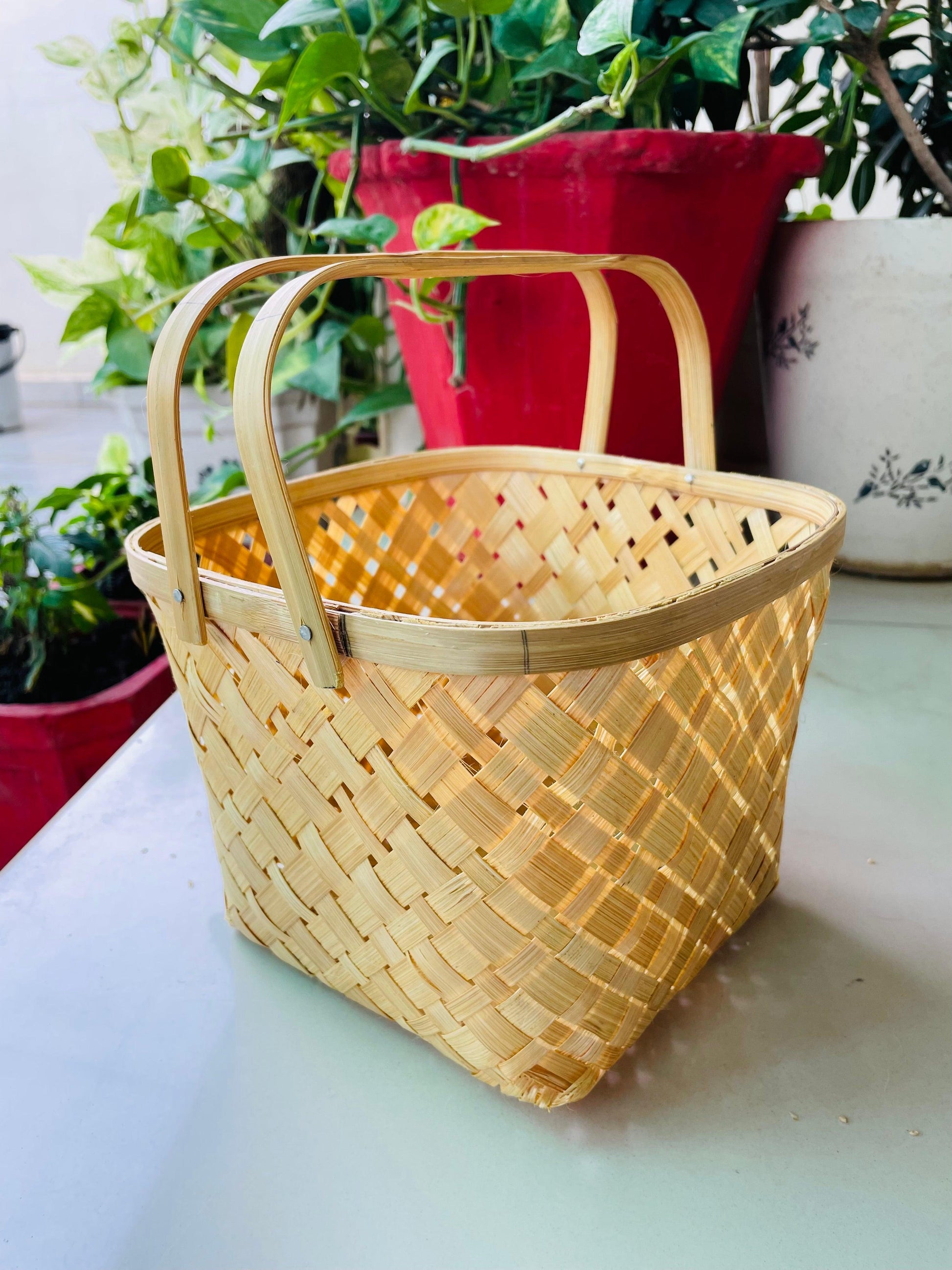 Handwoven Square Bamboo Basket with Handle - TESU